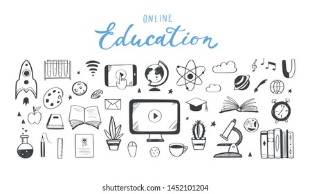 Online distance Education, Homeschooling, e-learning,tutorials, courses concept. Vector illustration in doodle style.