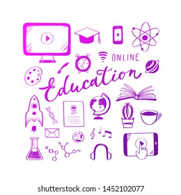 Online distance Education, Homeschooling, e-learning,tutorials, courses concept. Vector illustration in doodle style.