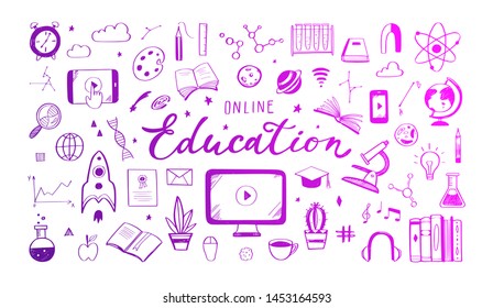 Online distance Education, Homeschooling, e-learning,tutorials, courses concept. Vector illustration in doodle style.