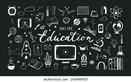 Online distance Education, Homeschooling, e-learning,tutorials, courses concept. Vector illustration in doodle style.