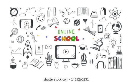 Online distance Education, Homeschooling, e-learning,tutorials, courses concept. Vector illustration in doodle style.