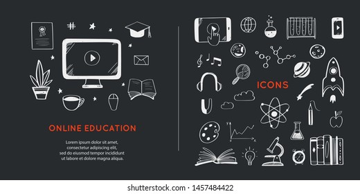 Online distance Education, Homeschooling, e-learning,tutorials, courses banner. Vector illustration in doodle style.