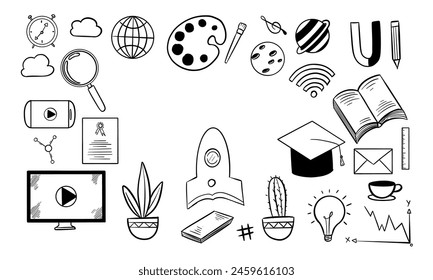 Online distance Education, Homeschooling, e-learning,tutorials, courses concept. Vector illustration in doodle style.