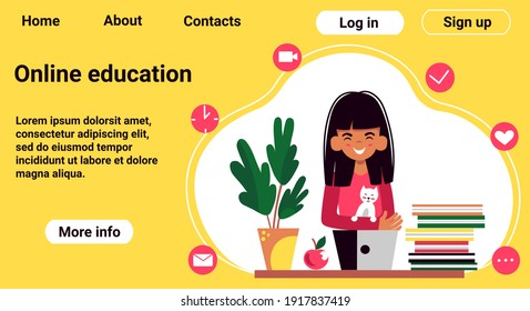 Online distance education landing page for web site. The girl studies at home at the computer. Home schooling