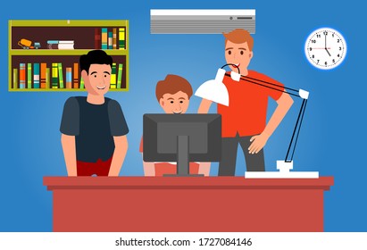 Online distance education, man looks to laptop, vector image