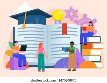 Online, distance education, read more books concept. Group of students stand near big books. Flat design vector illustration.  Poster for social media, web page, banner, presentation