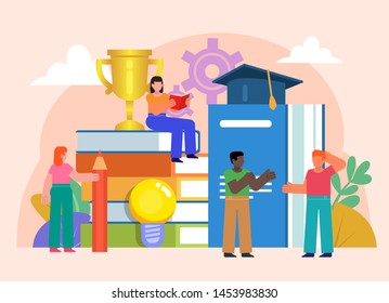 Online distance education or self education concept. Group of students stand near big stack of books. Flat design vector illustration. Poster for social media, web page, banner, presentation.