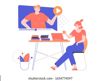 Online distance education, watching webinars, training videos. Girl student sitting at a desk next to a laptop. Man is giving a lecture. Play button, stacks of books, flower. Vector flat illustration