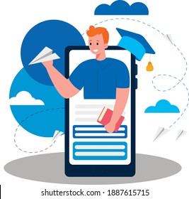 Online distance educational process. A student launch a paper plane to the future career opportunities after graduation. Concept of e-learning. Flat design Illustration. Vector. 