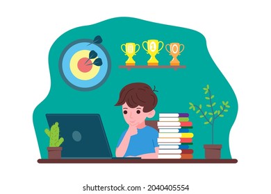 Aprendizaje a distancia en línea. El niño estudia con libros y una computadora en línea desde casa. De vuelta al concepto escolar. Ilustración vectorial en un estilo plano.