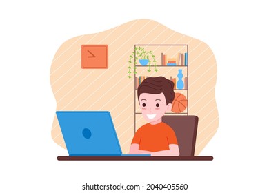 Aprendizaje a distancia en línea. El chico está estudiando con una computadora en línea desde casa. De vuelta al concepto escolar. Ilustración vectorial en un estilo plano.