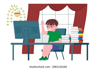 Online distance learning. The boy is studying with a computer online from home. Back to school concept. Vector illustration in a flat style.