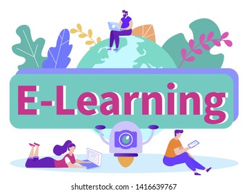 Online Distance Learning and Communication Video Chat. Distance Learning. E-Learning. Students with Laptops. Advertising Image. New Technologies. Vector Illustration. Master Class. Remote Access.
