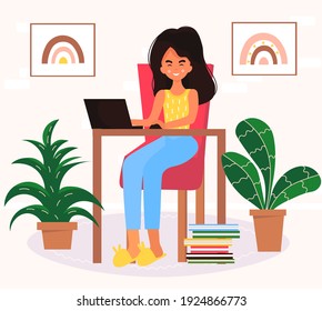 Online distance learning concept. Home schooling. The girl teenager studies at home at the computer. Vector flat illustration