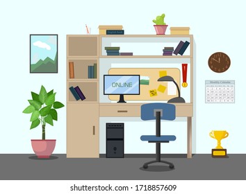 Online distance learning during quarantine. Collection for education in school, university, academy. Back to school. Vector set: phone, calendar, notepad, writing materials. Training books and pencils