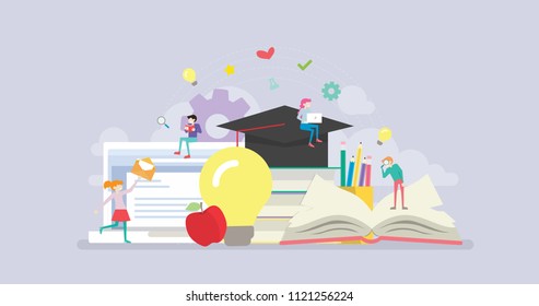 Online Distance Learning Education Tiny People Character Concept Vector Illustration, Suitable For Wallpaper, Banner, Background, Card, Book Illustration, And Web Landing Page