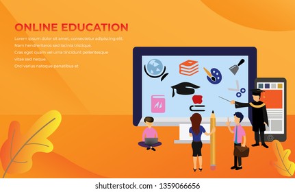 Online Distance Learning Education Tiny People Character  Illustration, Suitable For landing page, template, ui, web, mobile app, poster, banner, flyer,kids cover Book, social media, Card Invitation,
