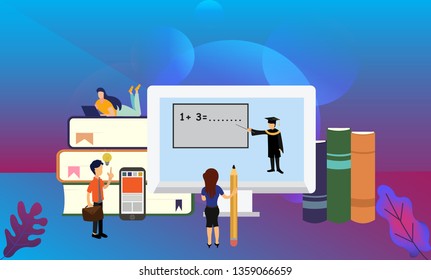Online Distance Learning Education Tiny People Character  Illustration, Suitable For landing page, template, ui, web, mobile app, poster, banner, flyer,kids cover Book, social media, Card Invitation,