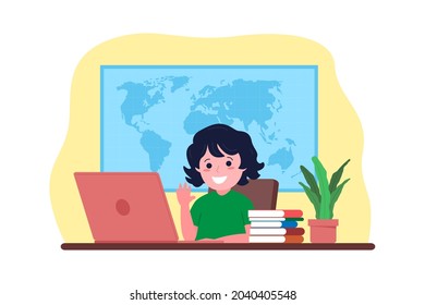 Online distance learning. The girl studies with books and a computer online from home. Back to school concept. Vector illustration in a flat style.