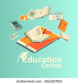 Online distance learning, home learning concept. Media, Internet courses, seminars, master classes. E-books, web articles. Flat style, vector graphics.