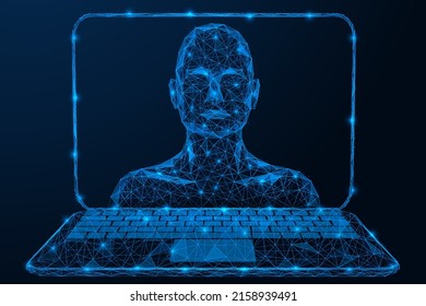 Online distance learning. Internet communication. The man in the laptop screen. Polygonal design of interconnected lines and points. Blue background.