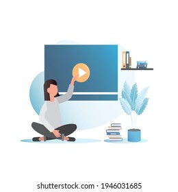 Online distance learning on Internet. Pupil,student listens and learns seminar, webinar on social networks via video communication. Getting distance education. Studying at school, university, courses.