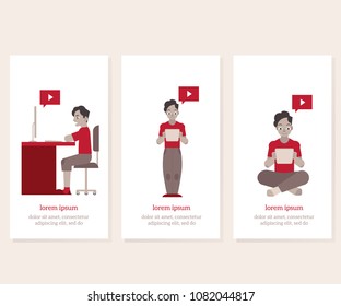 Online distant education concept poster, banner set with young man student sitting at desk typing on laptop, holding diploma with red play media symbol and space text. Vector cartoon illustration