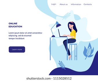 Online distant education concept poster with young girl student sitting at desk typing on laptop smiling on blue background with abstract shapes, leaves, space for text. Vector cartoon illustration