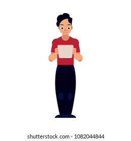 Online distant education concept with young man. Male student character standing reading on tablet computer. Vector cartoon illustration