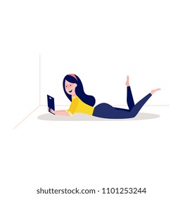 Online distant education concept with young woman, female student character lying at floor holding tablet computer, reading or doing research smiling. Vector cartoon illustration