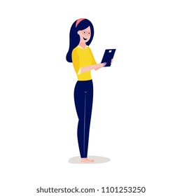 Online distant education concept with young woman, female student character standing holding tablet computer, reading or doing research smiling. Vector cartoon illustration