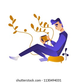 Online distant education concept with young man, male student character sitting at pillow holding tablet computer, reading or doing research smiling on abstract floral background. Vector illustration