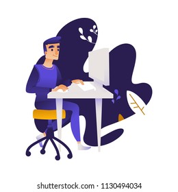Online distant education concept with young man, male student character sitting at workplace typing at desktop keyboard reading or doing research smiling on abstract background. Vector illustration