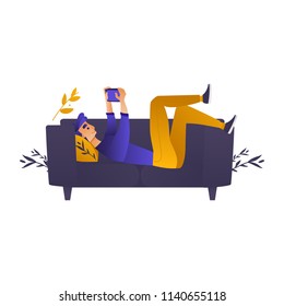 Online distant education concept with young man, male student character lying at sofa typing at tablet computer, reading or doing research smiling on abstract floral background. Vector illustration