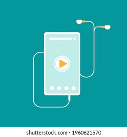 On-line distant education, webinar concept. Smart phone with play button and  earphones. Audio message, voice, record,  podcast. outsourcer, home work, online, internet, remote job, home office. 