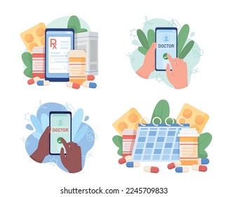 Conjunto de ilustraciones aisladas del vector 2D del médico en línea. Uso regular de medicamentos. Elementos planos de Telehealth sobre el fondo de las caricaturas. Colorida escena editable para móvil, sitio web, presentación