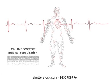 Online Doctor. Abstract image of a man, pulse and heart. Innovative technologies in medicine.