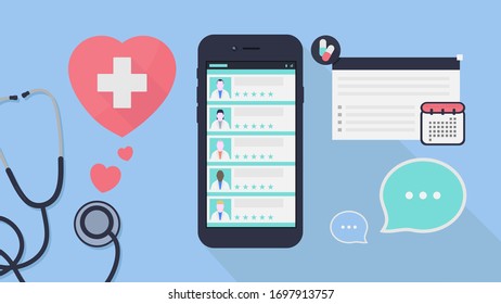 Online Doctor. Advice, prescriptions and treatment plan  online. Medicine And Technology Concept. Smartphone, Stethoscope, Pills And Medical Icons On Blue Background. Flat Design, Vector Illustration
