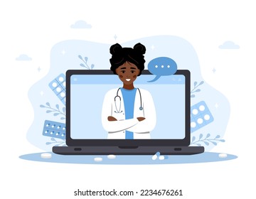 Online doctor. African woman therapist on laptop with video call. Virtual medical consultation and support. Telemedicine concept. Healthcare service. Vector illustration in flat cartoon style.