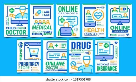 Online Doctor Aid Advertising Posters Set Vector. Internet Doctor Consultation And Diagnosis, Pharmacy Store And Drug Delivery Creative Promotional Banners. Concept Template Style Color Illustrations