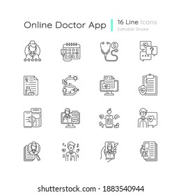 Online doctor app linear icons set. Video, phone, live chat. Consultation, prescription, follow-up care. Customizable thin line contour symbols. Isolated vector outline illustrations. Editable stroke