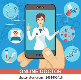 Online doctor app. Vector hand holding phone with mobile medical application. Online health consultation via smartphone. The doctor prescribes treatment online.