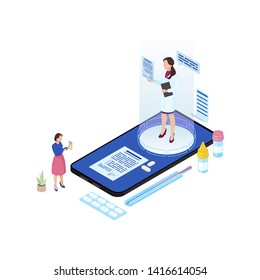 Online doctor appointment isometric illustration. Cartoon medical worker hologram prescribing pills, medication for patient isolated characters. Ill client informing remote doctor about symptoms