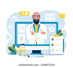 Online doctor appointment. Male doctor on the computer screen. Consultation, medicine, healthcare, care, online, conference concept. Male professor talking online with a patient vector illustration.