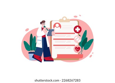 Online doctor appointment red concept with people scene in the flat cartoon style. Doctor writes down a list of medicines for clients for online consultation. Vector illustration.