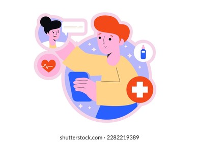 Online doctor appointment round concept with people scene in the flat cartoon style. Sick boy consults with a doctor about further treatment. Vector illustration.