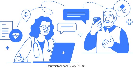 Consulta médica online. Ilustração de linha isolada de telessaúde. Idoso e médico do sexo feminino com celular e laptop. Consulta médica. Infográfico de saúde de uma cor com traçado editável.
