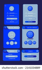 Online doctor appointment UI elements kit. Isolated vector components. Flat navigation menus and interface buttons template. Web design widget collection for mobile application dark theme