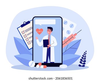 Online doctor appointment via mobile app. Video call to medical worker in hospital on phone screen flat vector illustration. Telemedicine concept for banner, website design or landing web page