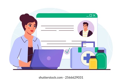 Online doctor appointment. Woman in medical uniform with laptop and medicines. Diagnosis and treatment, healthcare and medicine. Consultation on internet. Flat vector illustration